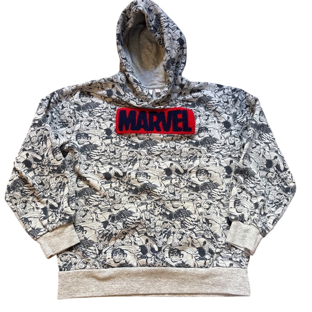 Marvel Hoodie‎ Kids Gray Good All Over Print Chenille Logo Patch SIZE M(12)